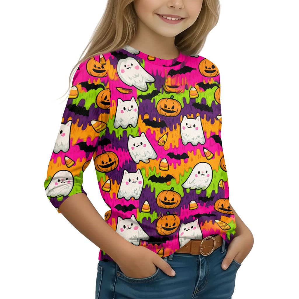 Kids Casual Long Sleeve T-Shirt with Halloween Print Round Neck for Party Costume