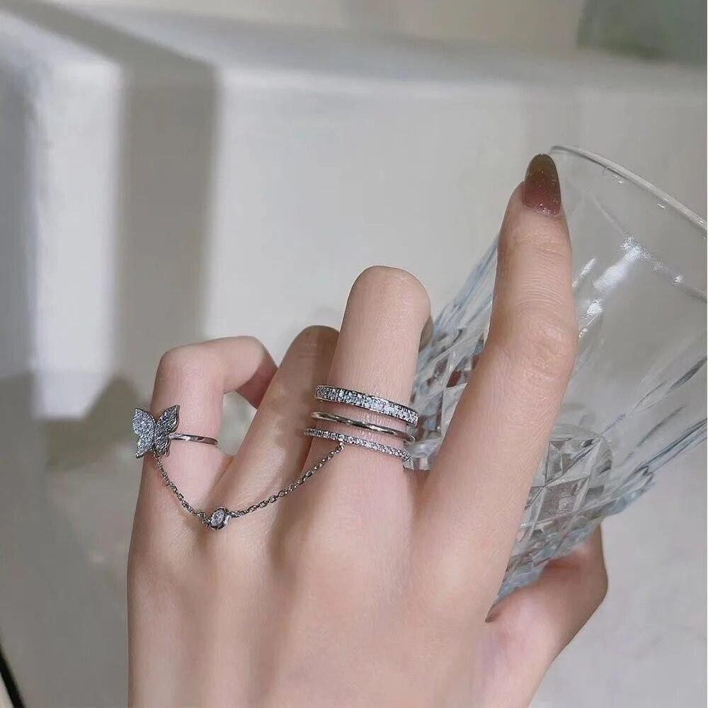 Dubbele Vinger Ketting Ringen voor Vrouwen Ring Set Kwastje Vlinder Kruis Punk Ringen Sieraden Damesmode HipHop Sieraden