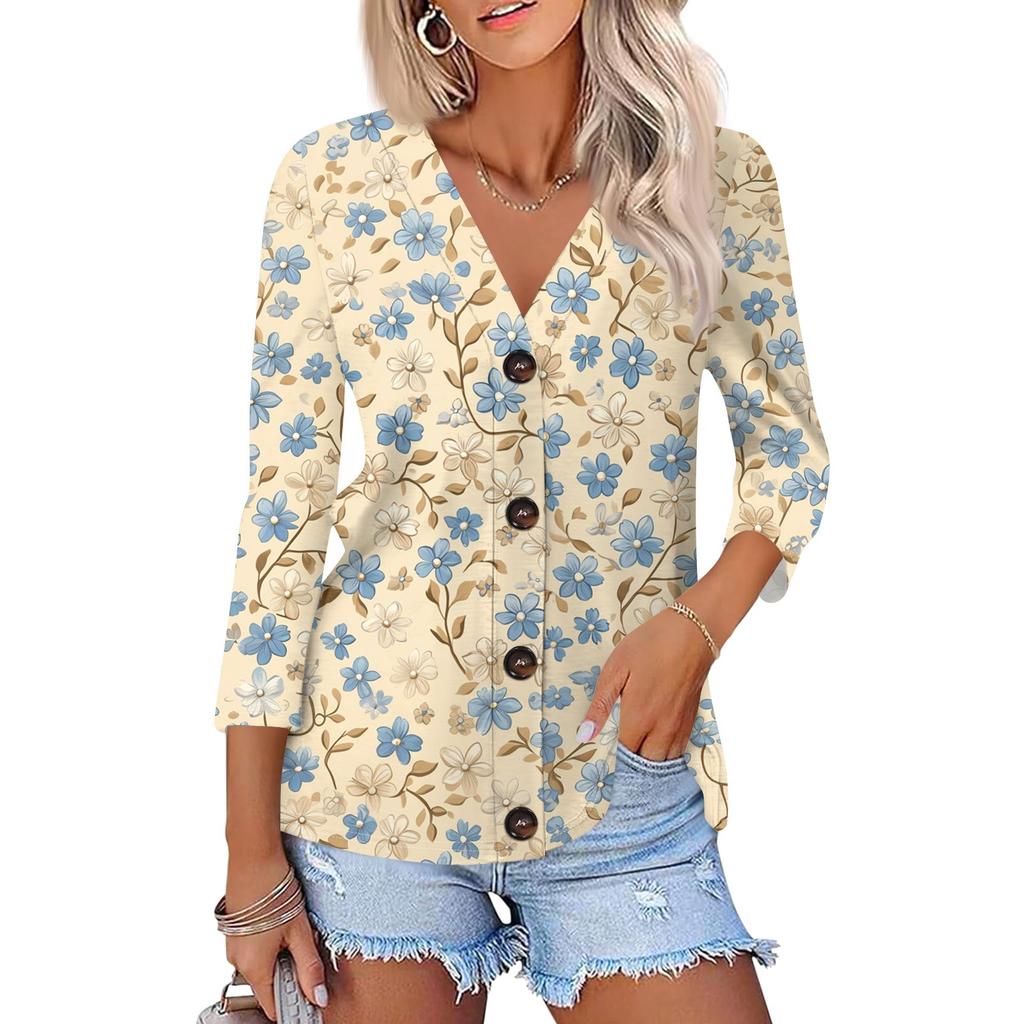 Damenmode Lässiges bedrucktes Button-Down-Hemd 3/4 lange Ärmel Oberteile