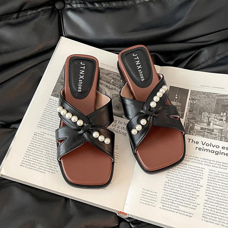 

Универсальные тапочки Французский квадратный носок крутые тапочки женские летние модные с бантом жемчугом танкетка с юбкой танкетка сандалии 35