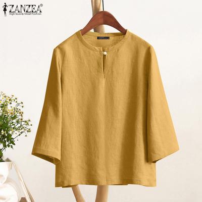 Womens Round Neck 3/4 Sleeve Solid Color Loose Cotton Blouse