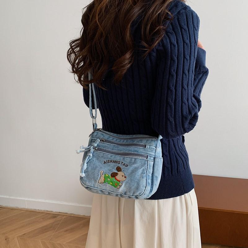Cartoon Embroidered Denim Bag Women's Shoulder Crossbody Bag
