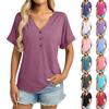 Women's Fashion Solid Color V Neck Button Loose Short Sleeved  Pullover T-shirt Top