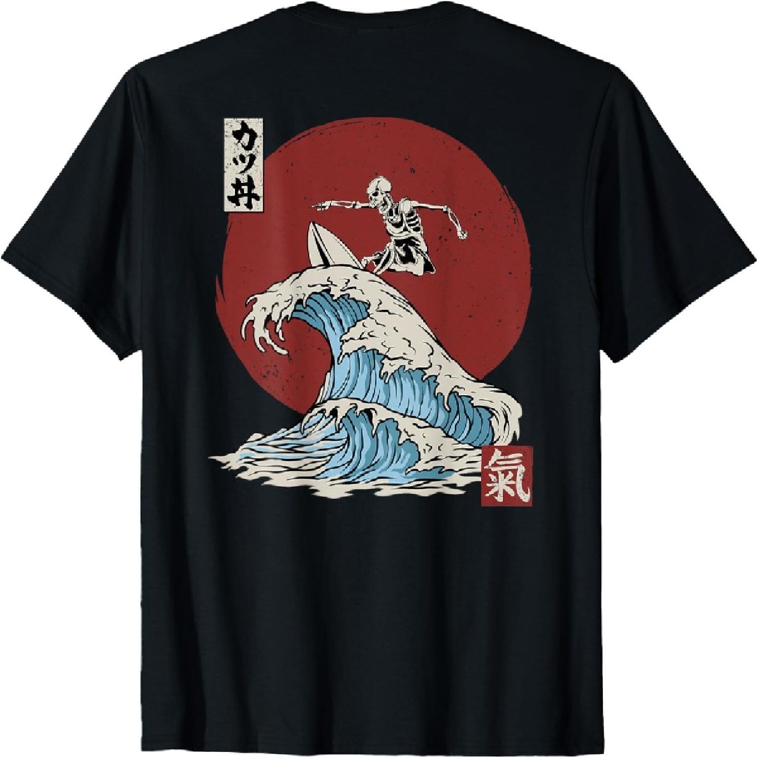 Skeleton Surfing the The Great Wave off Kanagawa (ART BACK) T-Shirt S