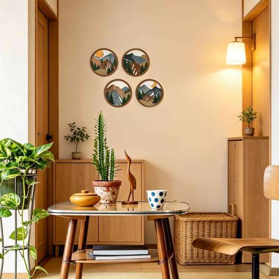 Boho Home Decor 4Pcs Wooden Mountain Wall Art, 2D Flat Abstract Landscape Decor, Geometric Forest Hanging Office Decoration Sign, Natural Artwork, Sun