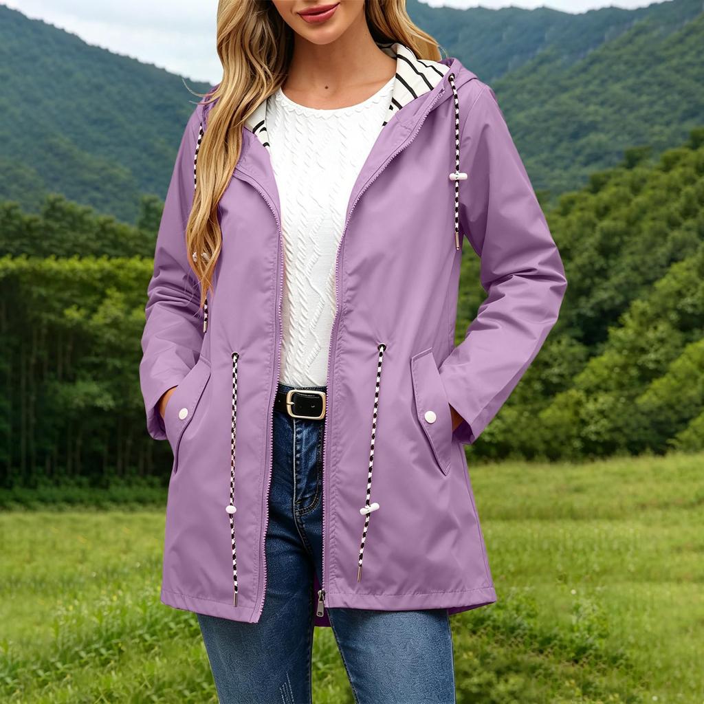 Women's Casual Hooded Trench Coat with Striped and Pockets