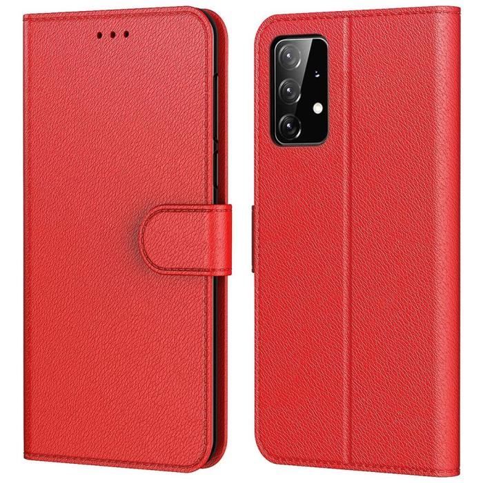 Coque de Protection - PROSHOP - Samsung A52 - Rouge - Effet Cuir - Rangement Carte