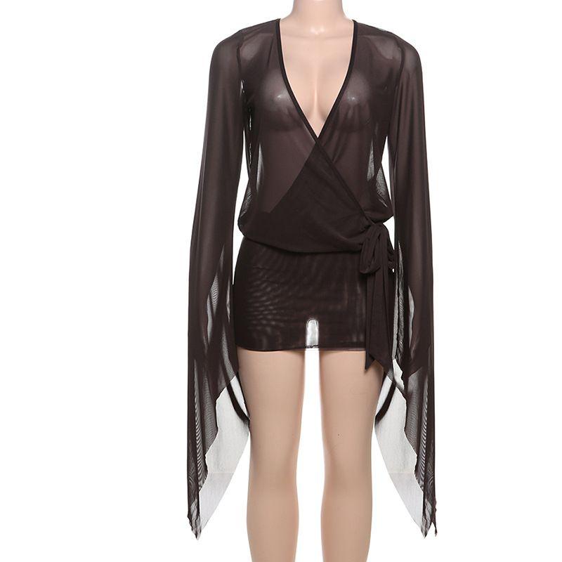 

Переходное Сексуальное Европейское и Американское Новое Модное Платье-мини с рукавами-колокольчиками, глубоким V-образным вырезом и прозрачными вставками, Сексуальное Платье-футляр с открытой спиной и бандажной отделкой Coffee L