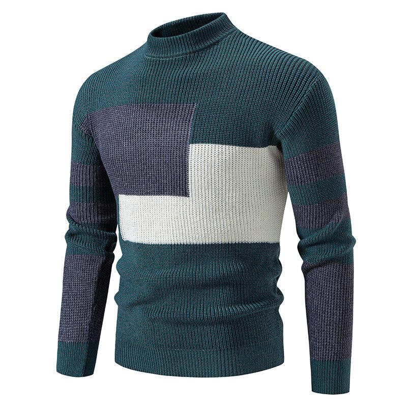 Frühlings- und Herbst Herrenpullover Mode Kontrastfarben Spleißen Halber Rollkragen Warmer Strickpullover
