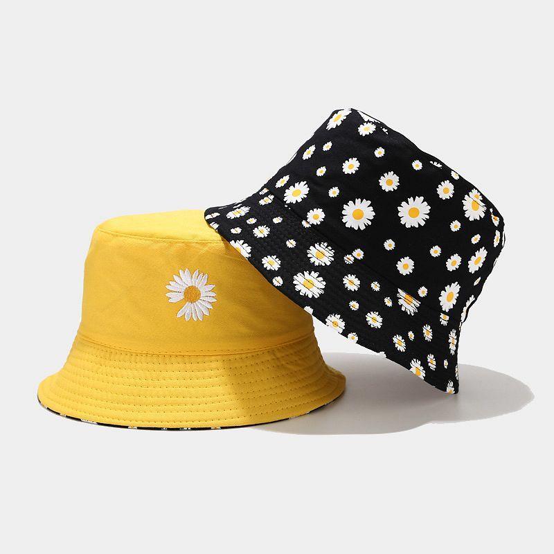 Zweiseitiger Fischerhut im koreanischen Stil mit Gänseblümchen-Print und kurzem Schirm für Frühling und Herbst