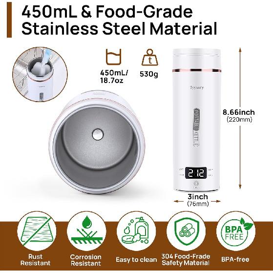 Travel Portable Electric Kettle,Tea Coffee Kettle, Boiled Water Kettle for Rapid Heating & Boiling, Leak Proof & Heated-Insulated, 450mL & 304