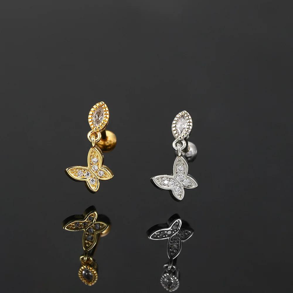 Zircon piercing piercing bone nails Butterfly flower earrings Titanium steel screws screw stud earrings Zircon