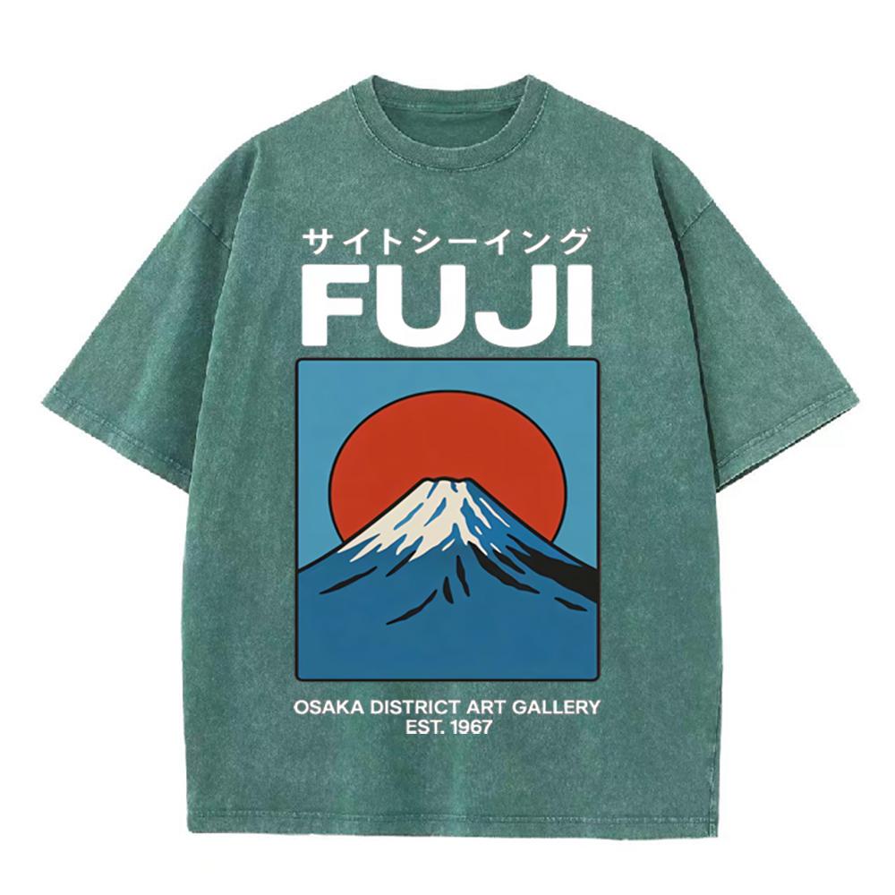2026 Vintage Washed Black Fuji Mountain Graphic T Shirt Japanese Retro Sunrise Landscape Print Oversized Casual Short Sleeve Tee