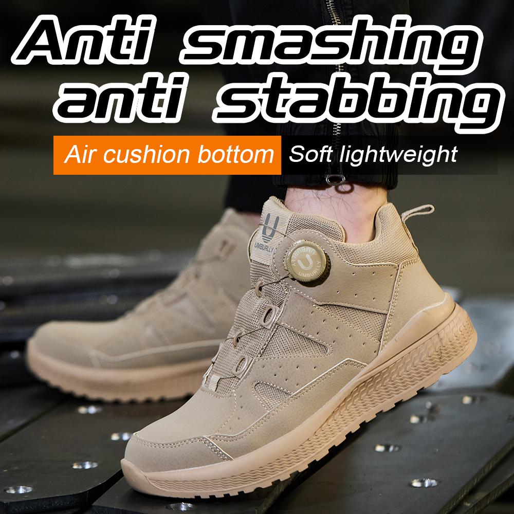 Black Leather Safety Shoes Men Steel Toe Sneakers High Top Work Shoes Rotating Button Work Boots Men's Protective Sneakers