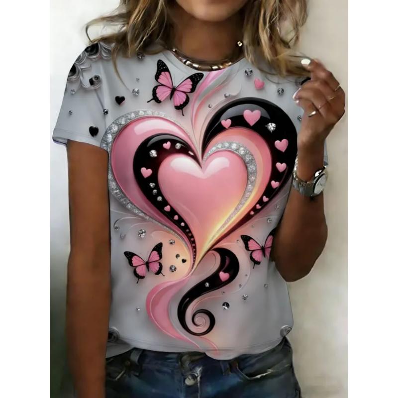 Love Short Sleeve Fashion Women s Crew Neck T-Shirt 3D Love Color Printing Crew Neck Short Sleeve Tops Daily Wear XS