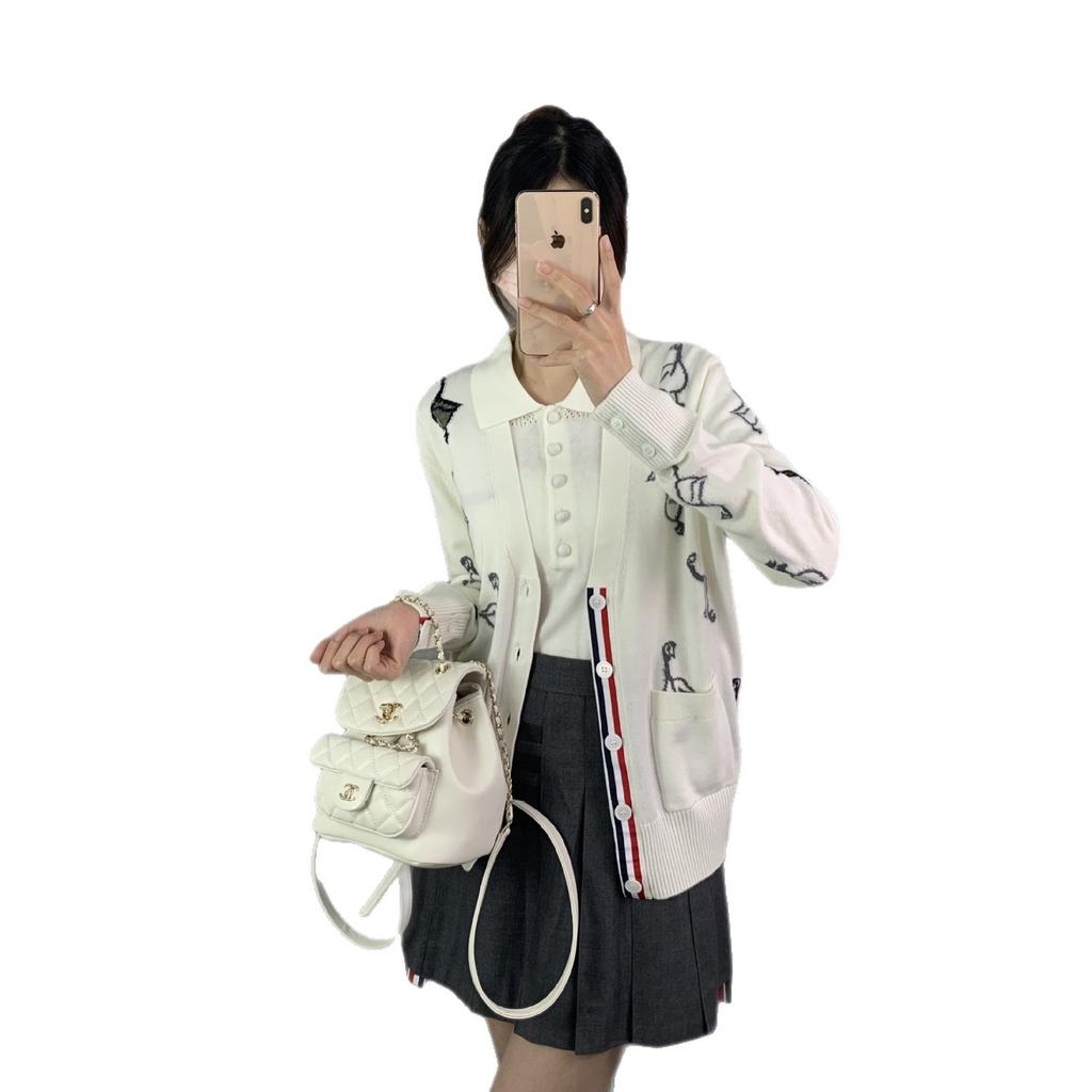 TB Cardigan New Women's High-end Versatile Striped Goose Embroidered Long-sleeved Knitted V-neck Cardigan Jacket