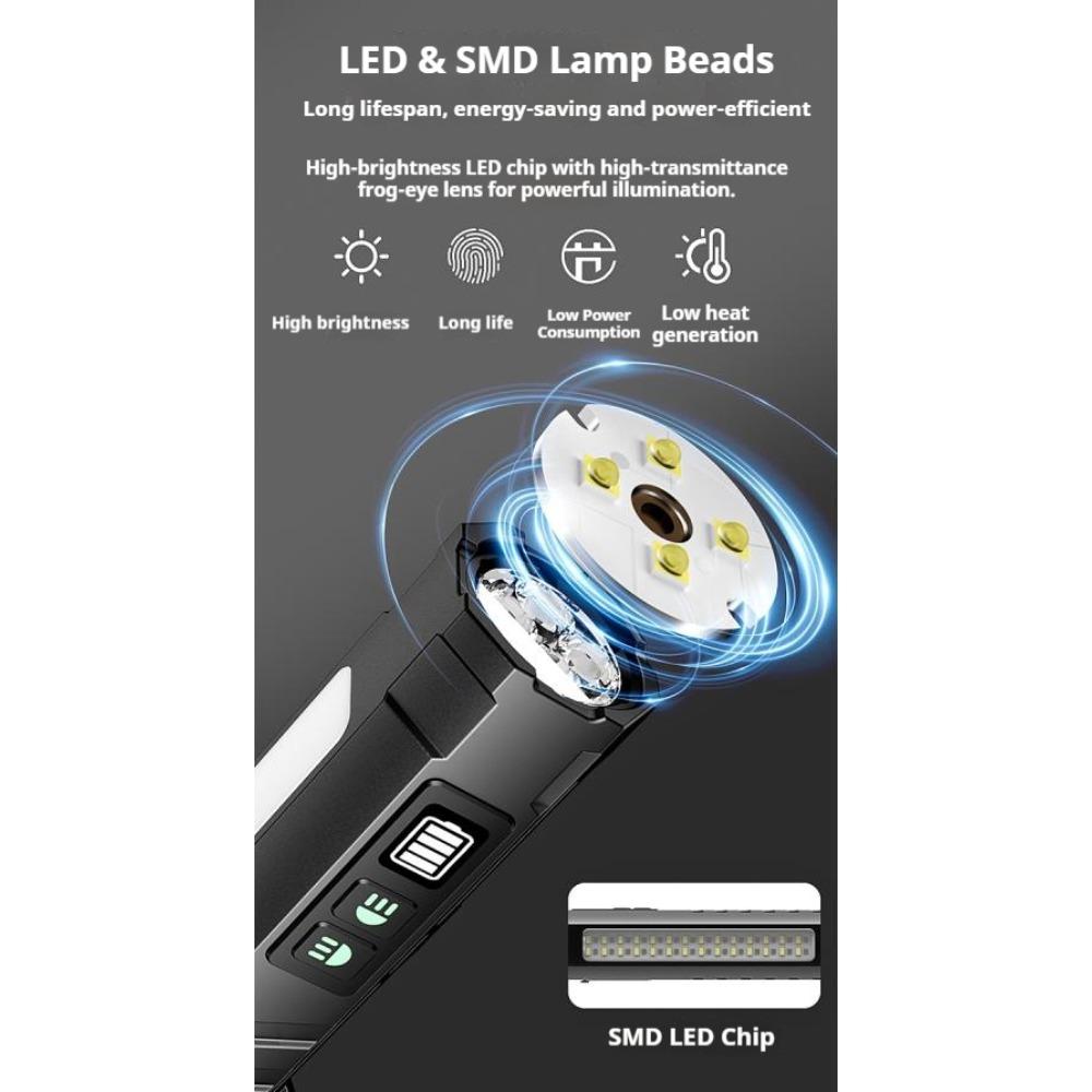 Magnetic Rechargeable Portable Work Light Flashlight with Battery Display, Dual Light Source Aluminum Alloy Body, Camping, Cold Resistant