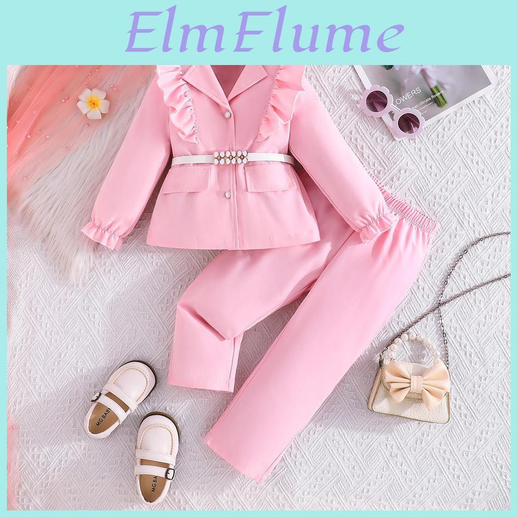Long Girls Autumn Winter New Sleeve White Belt Top Ruffled Blazer Long Pants Threepiece Set