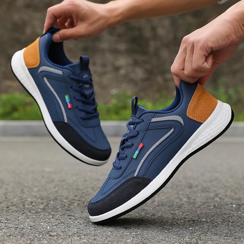 New Lightweight Men Casual Pu Leather Sneakers Outdoor Men Walking Shoe  Soft Bottom Non Slip Lace Up Durable Shoes for Mens