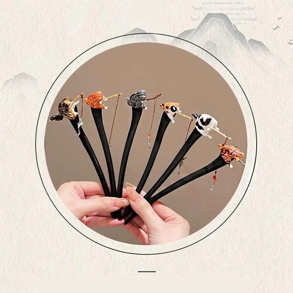 Tassel Cat Fishing Wooden Hair Stick Black Sandalwood Hairpin New Hair Styling Tools Women Girls