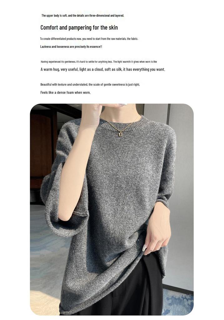 Mid-Length Sequin Wool Knitwear: 5-Sleeve Round Neck, Loose Fit