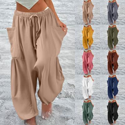 Damen Plus Size Leinenhose mit weitem Bein, mittlere Taille, Sommer-Baggy-Hose