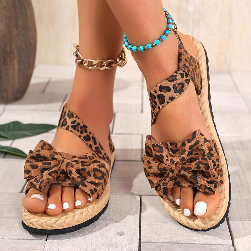 Fashion Bowtie Decor Flat Sandals for Women Plus Size Leopard Thick Sole Non Slip Slippers Summer Light Comfort Platform Beach Slides