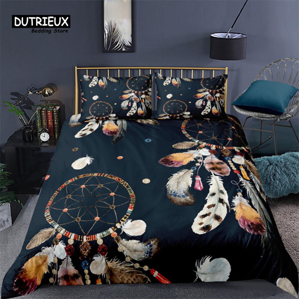 Housse de Couette Bohème Attrape-Rêves Imprimé Géométrique Plumes Ensemble de Literie Taille King Queen Décor de Chambre Housse de Couette en Microfibre
