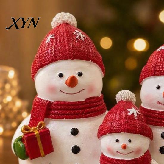 Resin Snowman Decoration Christmas Figurine, Cute Family of 3 Statue with Santa Mini Figurine Hat, Red Scarf, Holiday Tabletop Ornament for
