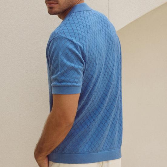 Herren-Jacquard-Strickhemd, kurzärmelig, Button-Down-Oberteil mit kubanischem Kragen, Rautengittermuster, Freizeithemd für den Alltag, Partys, Reisen