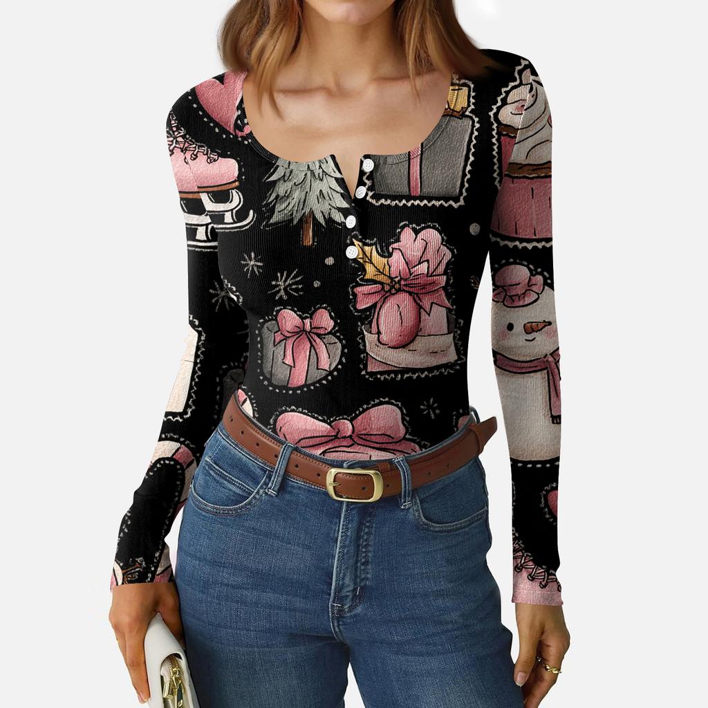 Women's Casual Fashion Christmas Print Button Long Sleeve Top