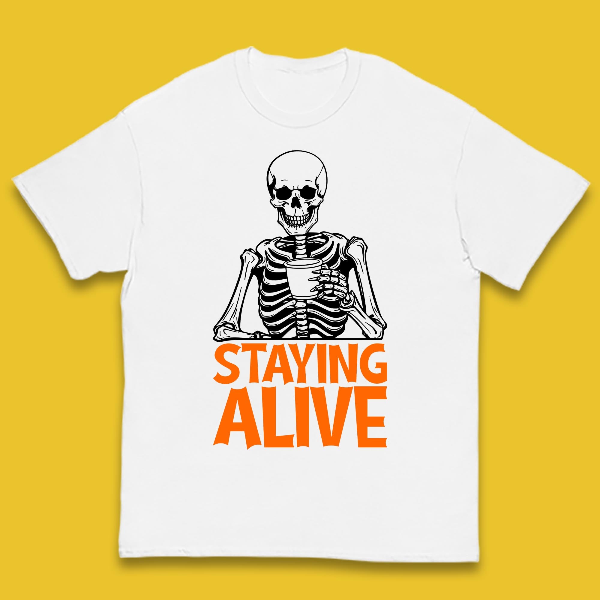 Staying Alive Funny Skeleton Trendy Coffee Halloween Skull Vintage Coffee Lovers Kids T Shirt 130