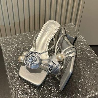 Shoes Womens Slippers Outdoor Thin Heels Luxury Slides Heeled Mules Flower Pantofle Summer Designer High 2024 Floral Elegant Pum