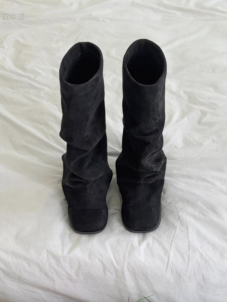 Cashmere niche suede pleated trouser tube boots women's medium tube stacking boots square head western boots knight boots
