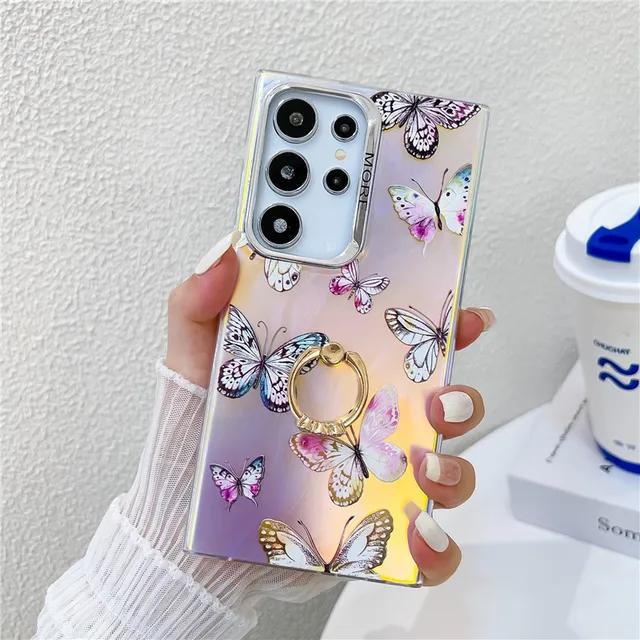 Fashion Ring Holder Butterfly Raser Electroplated Phone Case for Samsung S24 S23 FE S22 Ultra A55 A35 A25 A15 A54 A14 A34