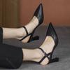 Fashion 2025 Summer Shoes for Women Thick High Heels Baotou Sandals Fashion Pointed Toe Soft Leather Solid Color Heeled Sandales Femmes