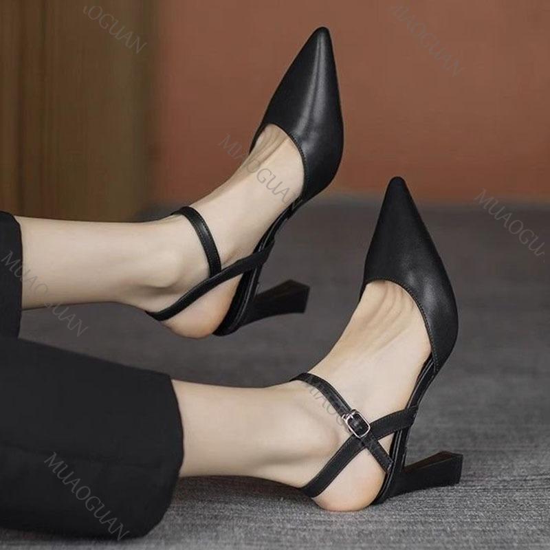 Fashion 2025 Summer Shoes for Women Thick High Heels Baotou Sandals Fashion Pointed Toe Soft Leather Solid Color Heeled Sandales Femmes