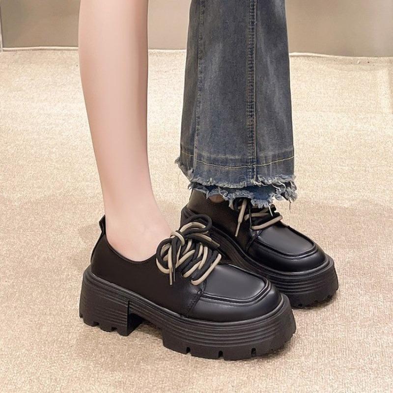Thick heel thick sole heightened lace-up small leather shoes for women's spring and autumn new models plus versatile retro single shoes