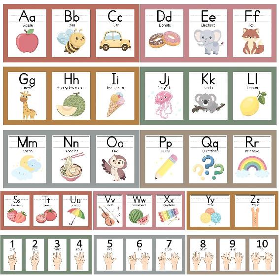COCHIE Boho Alphabet for Classroom Wall Decorations Kindergarten Preschool, Alphabet Number Line Posters Bulletin Board Set of 12, Back to School ABC