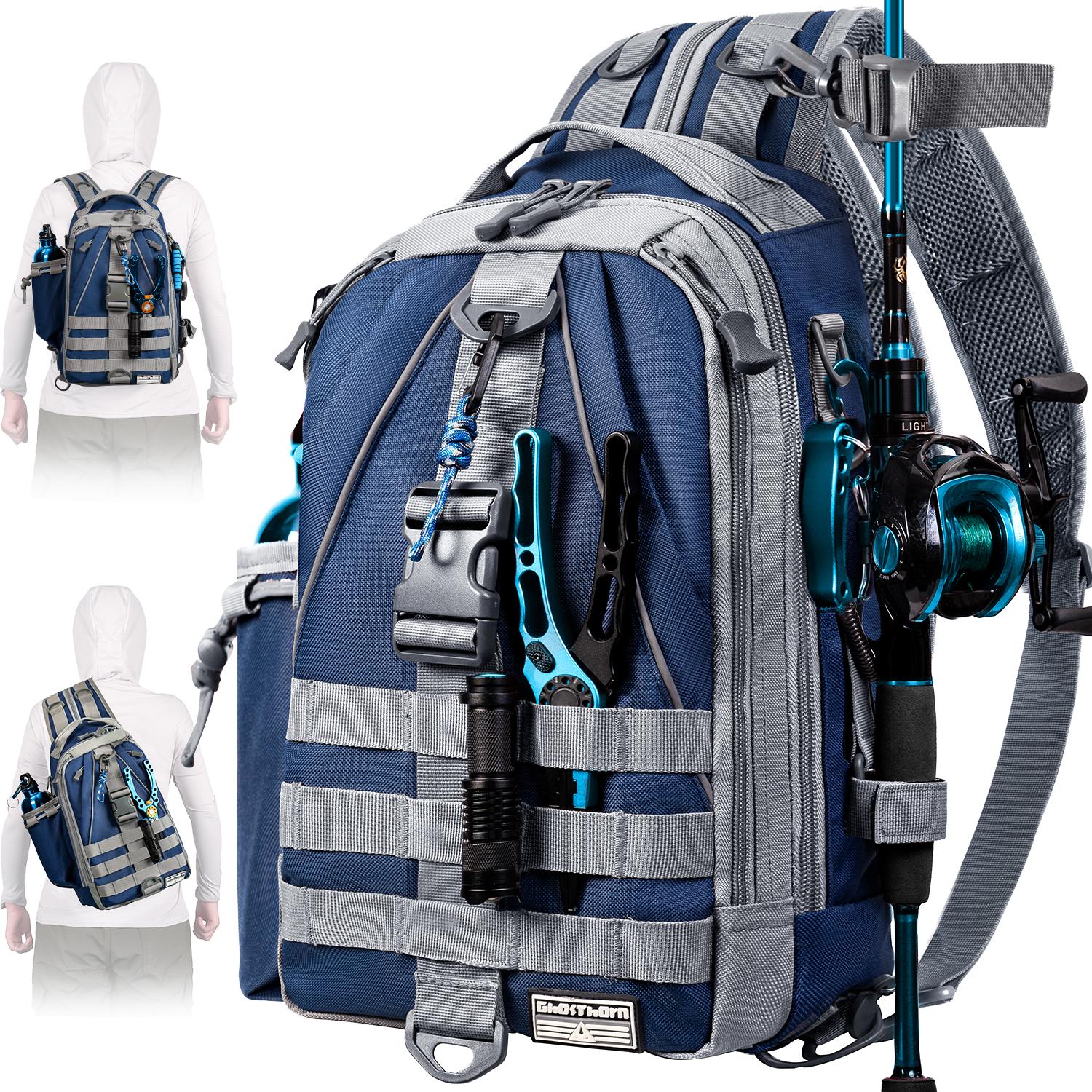 Sac à dos de pêche Sac bandoulière pour leurres - Sac à dos de pêche avec support de canne - Boîte à pêche Cadeaux de pêche à la mouche pour hommes femmes bleu