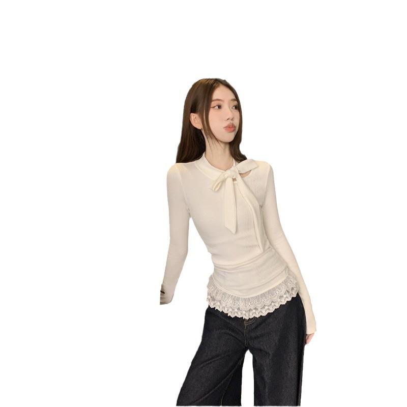 Niche Sexy Bow Long-Sleeve Lace Spliced Slim Fit Autumn Top