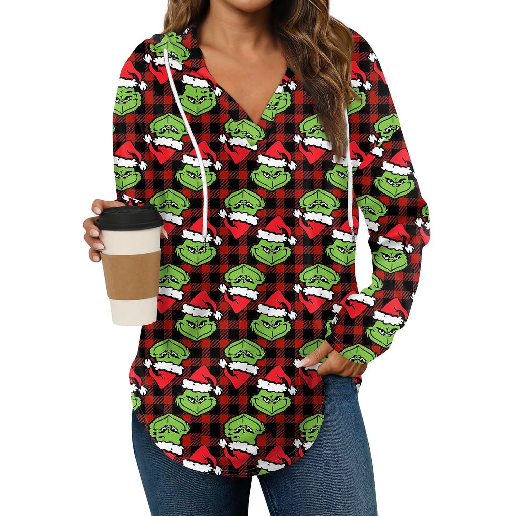 Women's Fashion Hoodies V Neck Long Sleeve Christmas Printed Drawstring Casual Loose Pullover Tops