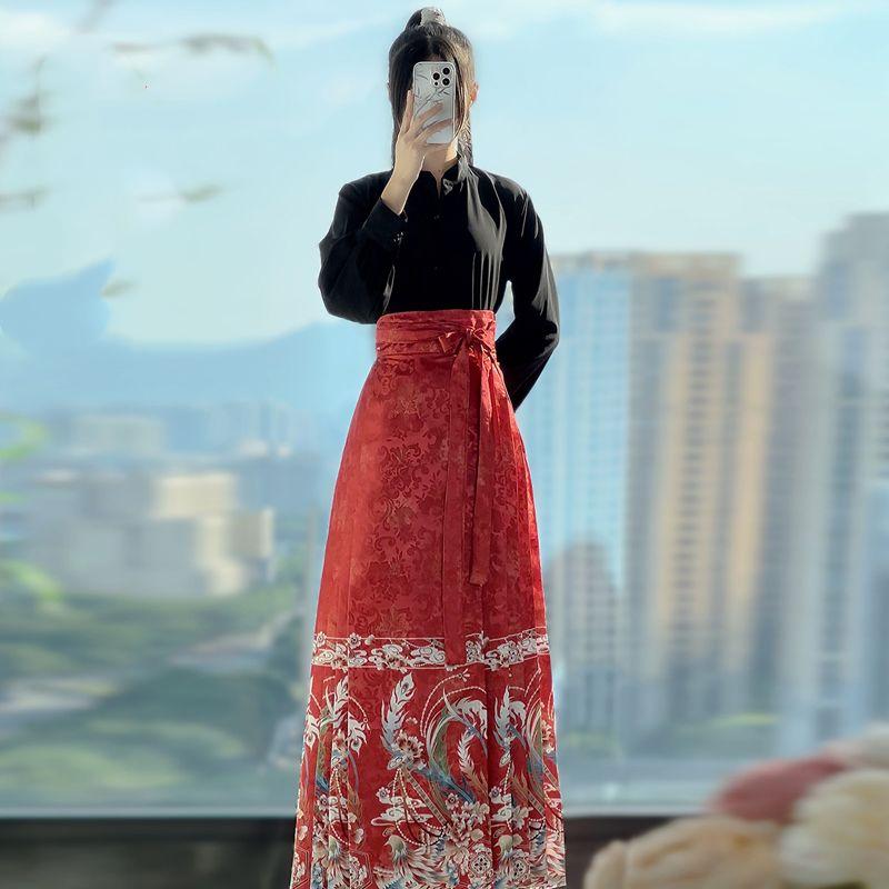 Chinese Ming Dynasty Style Hanfu Women's Stand Collar Daily Print horse-face  Skirt