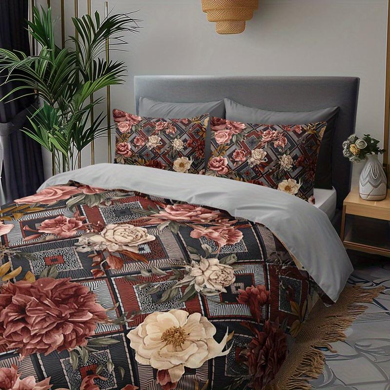 Conjunto de Capa de Edredom Boho Floral 3 Peças Roupa de Cama Geométrica Rosa Conjunto de Colcha Roupa de Cama com Tema Floral Vintage Luxo