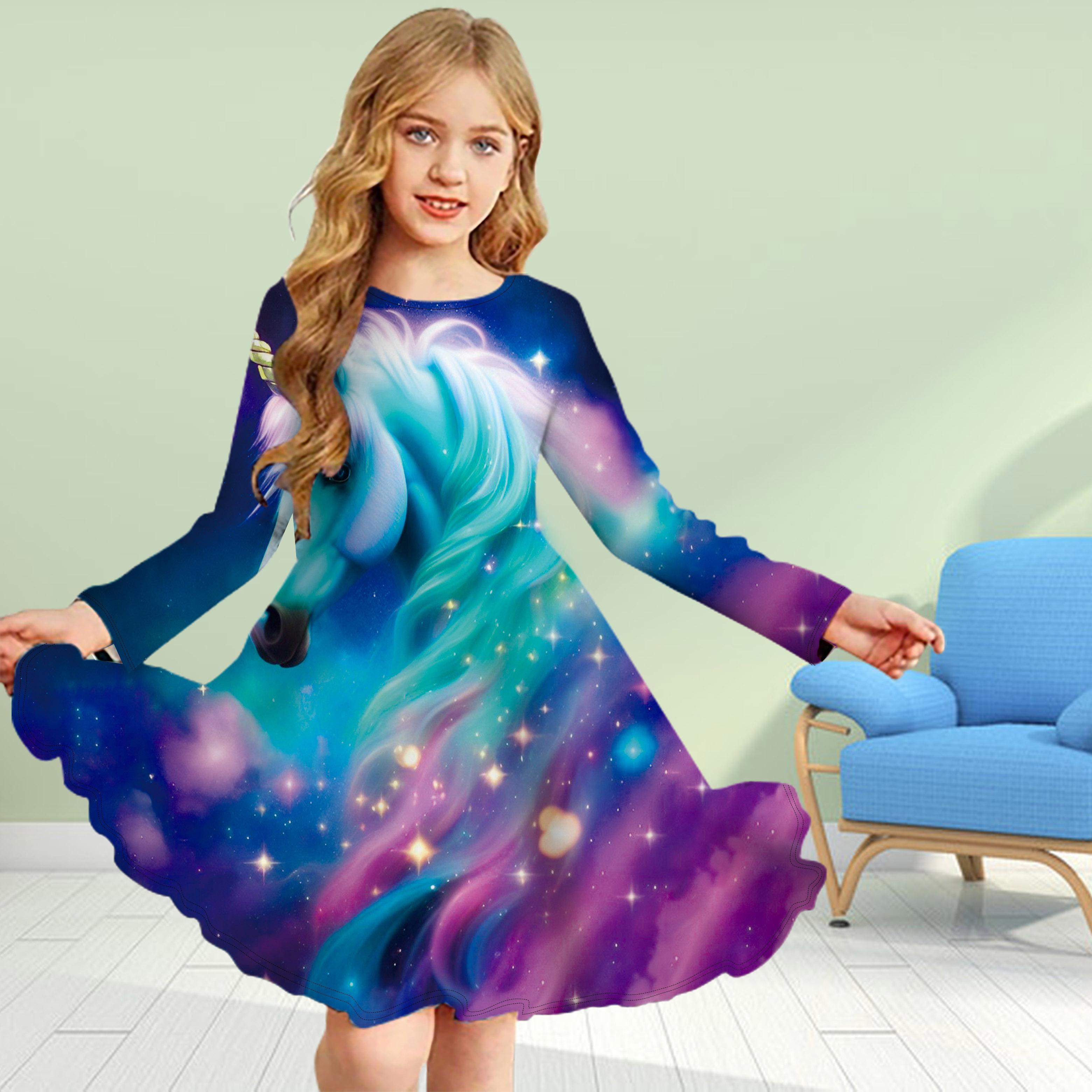 

Повседневное платье для девочек с 3D-принтом и единорогом, с круглым вырезом и длинными рукавами, детское платье принцессы 110 синий