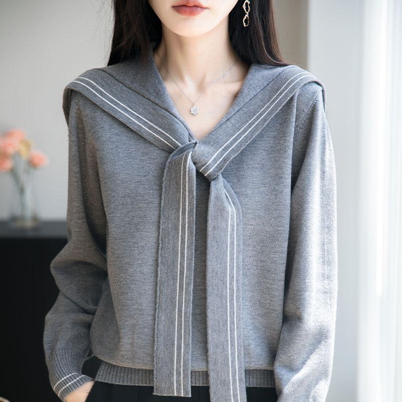 Jarní a podzimní pletený svetr v kolejním stylu s námořnickým límcem, top s dlouhým rukávem, zeštíhlující a mladistvý, s výklenkovým designem pro ženy