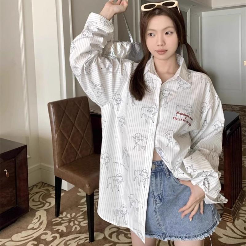 Damen Gestreiftes Weißes Langarmhemd Frühling/Sommer Schick Cartoon Bedruckte Hemden Einreihig Revers Damenbekleidung