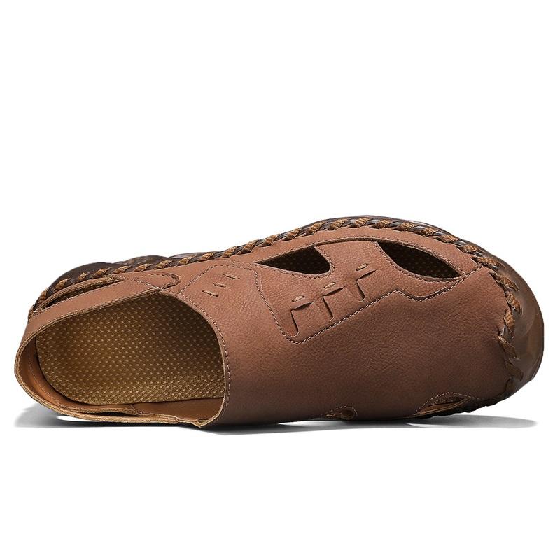 Men Outdoor Hiking Sandals Handmade Flats Black Summer Roman Sandals Retro Wide Leather Beach Shoes Over Sized
