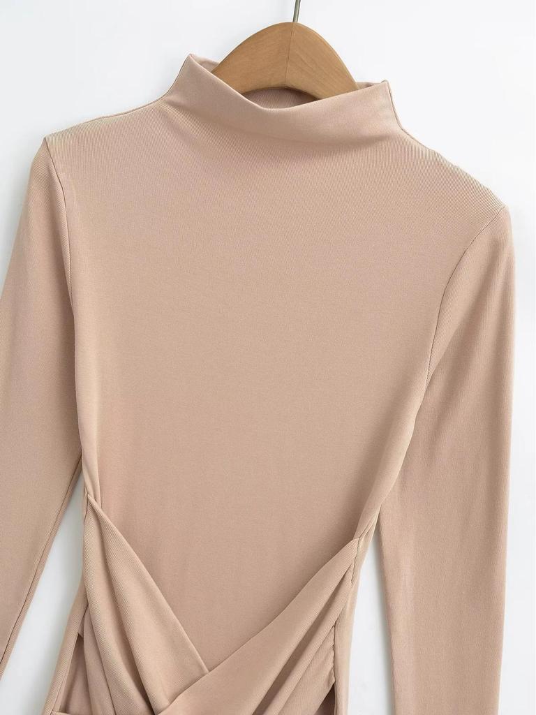 European-Style High Neck Long Sleeve Fleece Dress - Pleated Hot Girl Hip Wrap Skirt