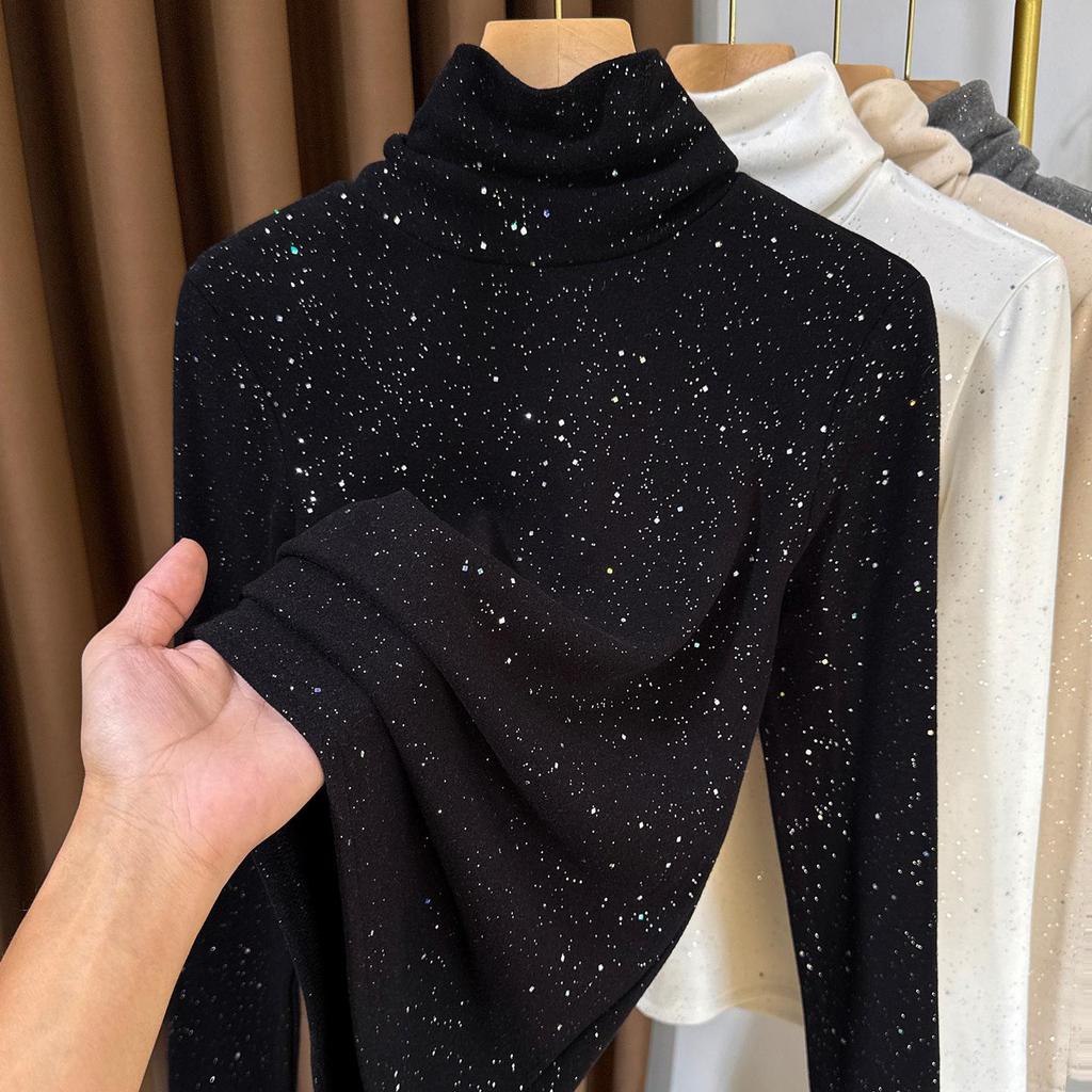Women's Sequined High-Collar Brushed Corduroy Long Sleeve Shirt - 270g